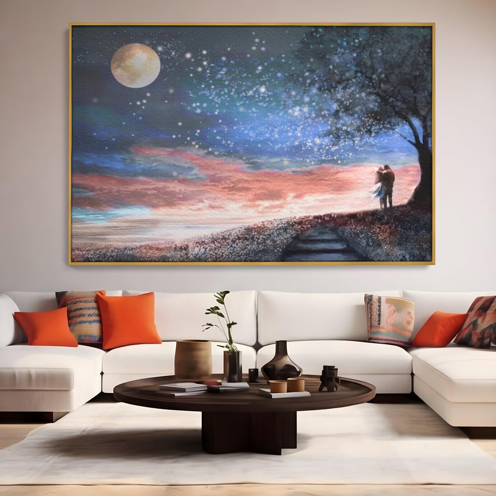 Tablou Canvas Premium LuxCanva® A1328, Romantic Couple , Living, Iubire, Cuplu, Luna, Stele, Dormitor, Culori Vibrante