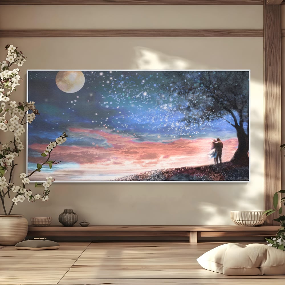 Tablou Canvas Premium LuxCanva® A1328, Romantic Couple , Living, Iubire, Cuplu, Luna, Stele, Dormitor, Culori Vibrante