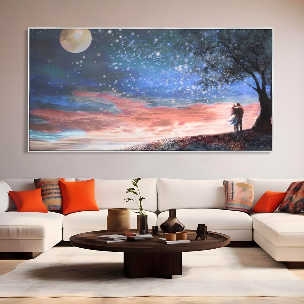 Tablou Canvas Premium LuxCanva® A1328, Romantic Couple , Living, Iubire, Cuplu, Luna, Stele, Dormitor, Culori Vibrante