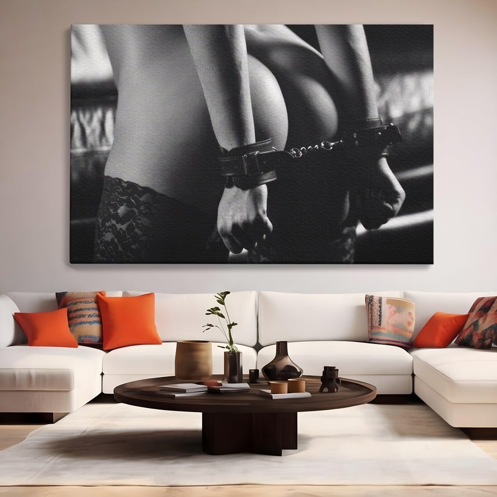 Leinwand Premium Canvas Wandkunst LuxCanva® A1329, Erotische Kunst , Lebendig, Sexy, Nackt, Handschellen, Sexy Körper, Studio, Kräftige Farben