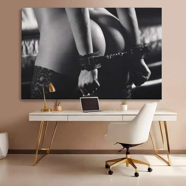 Leinwand Premium Canvas Wandkunst LuxCanva® A1329, Erotische Kunst , Lebendig, Sexy, Nackt, Handschellen, Sexy Körper, Studio, Kräftige Farben