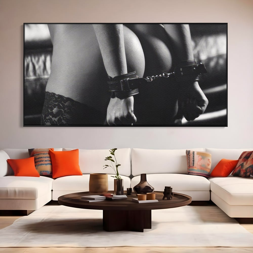Leinwand Premium Canvas Wandkunst LuxCanva® A1329, Erotische Kunst , Lebendig, Sexy, Nackt, Handschellen, Sexy Körper, Studio, Kräftige Farben