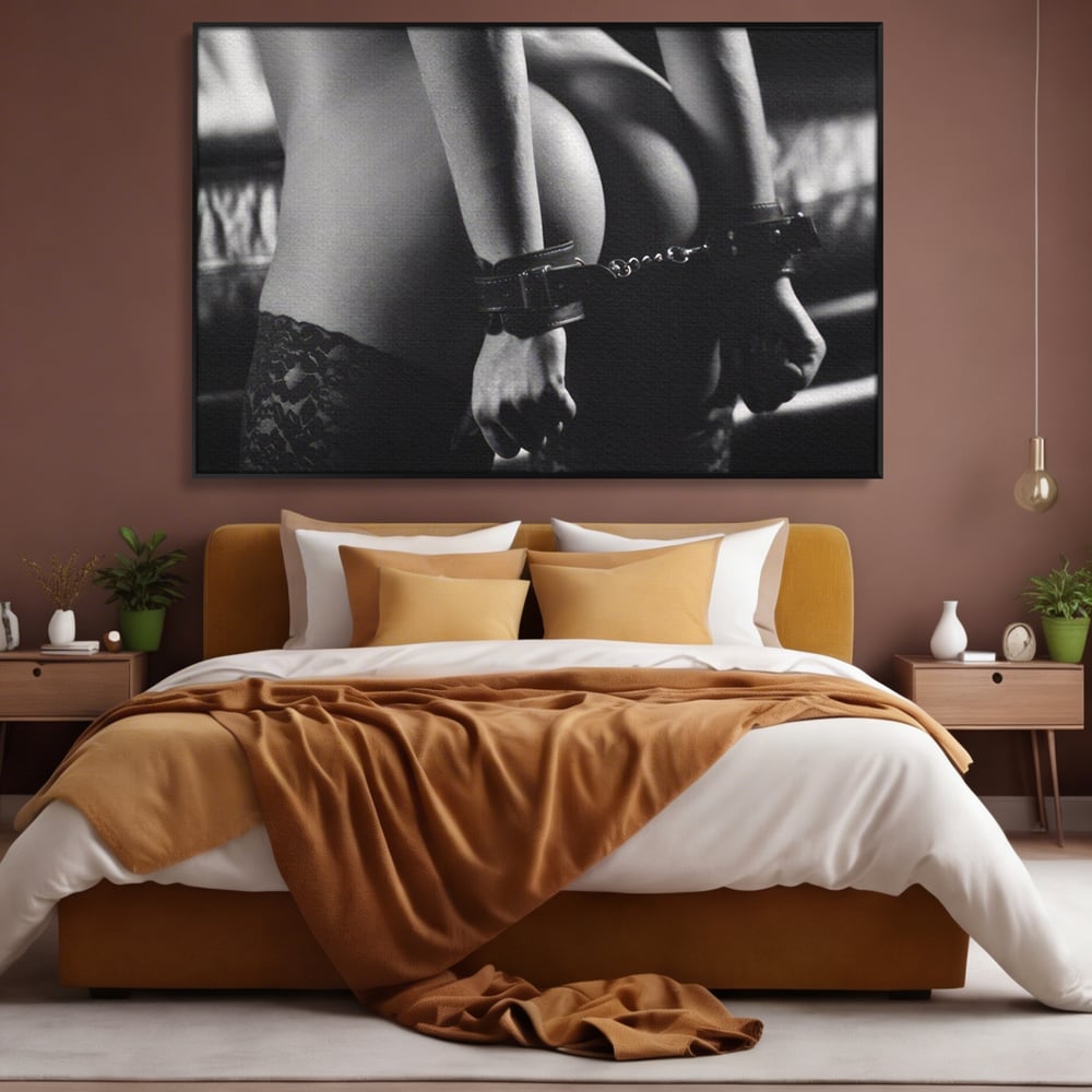 Leinwand Premium Canvas Wandkunst LuxCanva® A1329, Erotische Kunst , Lebendig, Sexy, Nackt, Handschellen, Sexy Körper, Studio, Kräftige Farben
