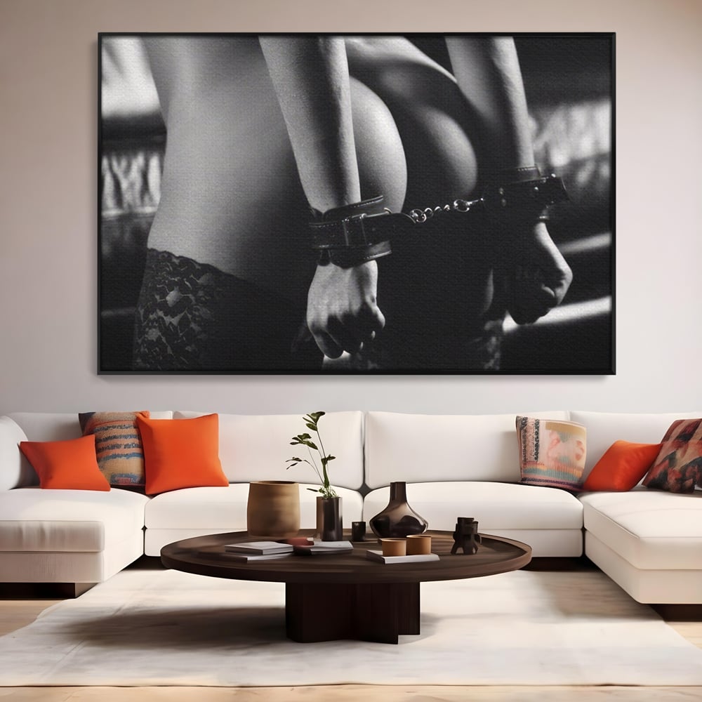 Leinwand Premium Canvas Wandkunst LuxCanva® A1329, Erotische Kunst , Lebendig, Sexy, Nackt, Handschellen, Sexy Körper, Studio, Kräftige Farben