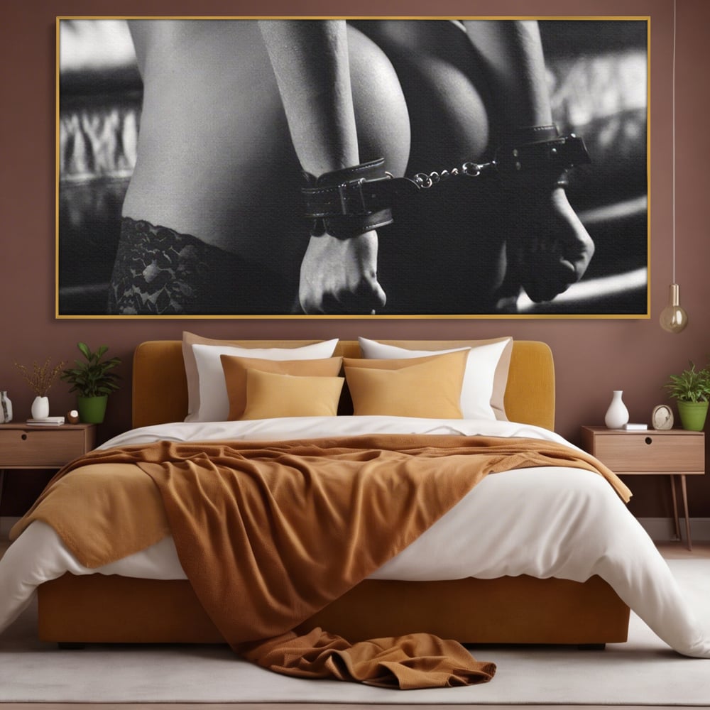 Leinwand Premium Canvas Wandkunst LuxCanva® A1329, Erotische Kunst , Lebendig, Sexy, Nackt, Handschellen, Sexy Körper, Studio, Kräftige Farben