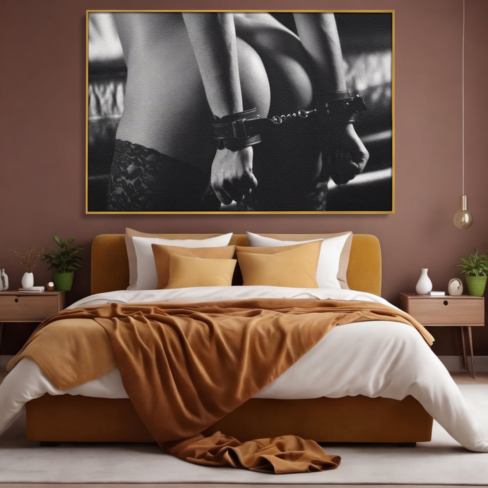 Leinwand Premium Canvas Wandkunst LuxCanva® A1329, Erotische Kunst , Lebendig, Sexy, Nackt, Handschellen, Sexy Körper, Studio, Kräftige Farben