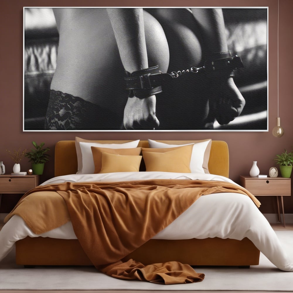 Leinwand Premium Canvas Wandkunst LuxCanva® A1329, Erotische Kunst , Lebendig, Sexy, Nackt, Handschellen, Sexy Körper, Studio, Kräftige Farben