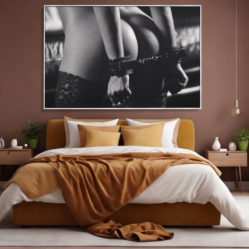 Leinwand Premium Canvas Wandkunst LuxCanva® A1329, Erotische Kunst , Lebendig, Sexy, Nackt, Handschellen, Sexy Körper, Studio, Kräftige Farben