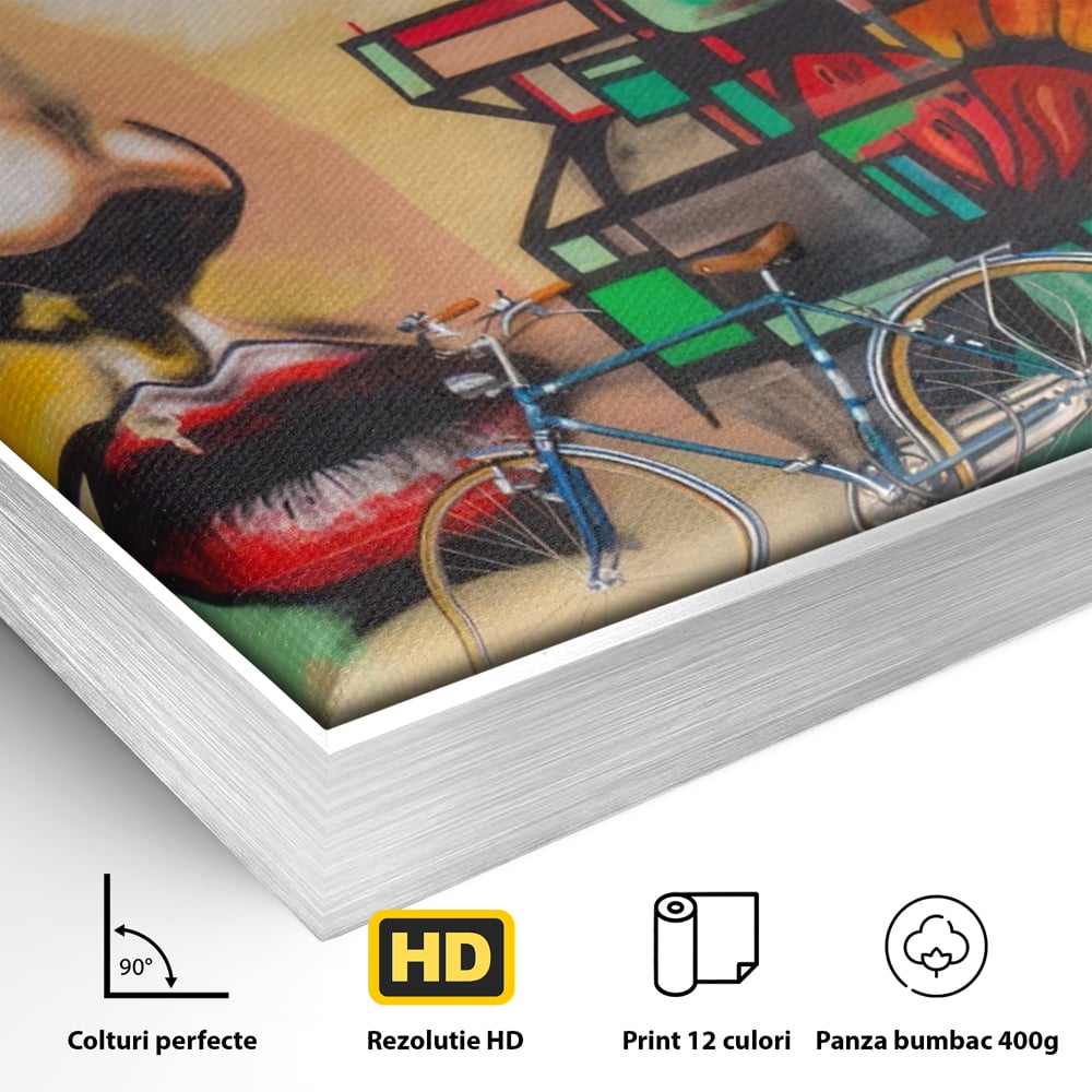 Tablou Canvas Premium LuxCanva® A1332, Graffiti Wall Art , Camera Copil, Biciclete, Arta Stradala, Femeie, Studio, Culori Vibrante