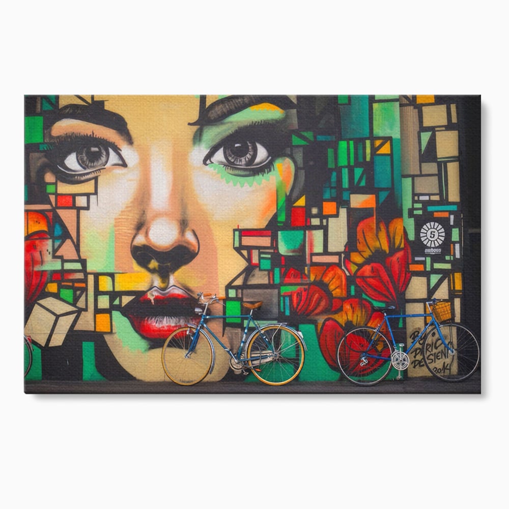 Tablou Canvas Premium LuxCanva® A1332, Graffiti Wall Art , Camera Copil, Biciclete, Arta Stradala, Femeie, Studio, Culori Vibrante