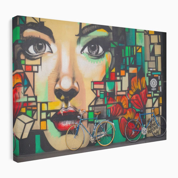 Tablou Canvas Premium LuxCanva® A1332, Graffiti Wall Art , Camera Copil, Biciclete, Arta Stradala, Femeie, Studio, Culori Vibrante