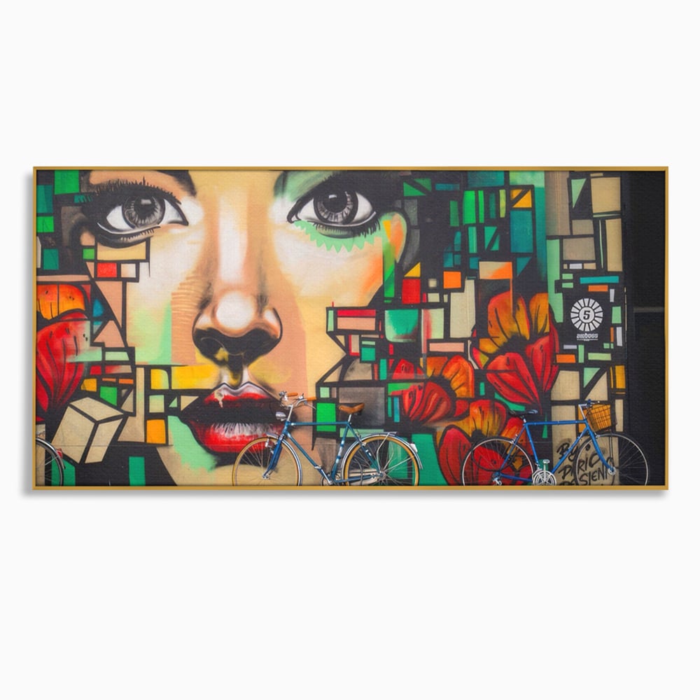 Tablou Canvas Premium LuxCanva® A1332, Graffiti Wall Art , Camera Copil, Biciclete, Arta Stradala, Femeie, Studio, Culori Vibrante