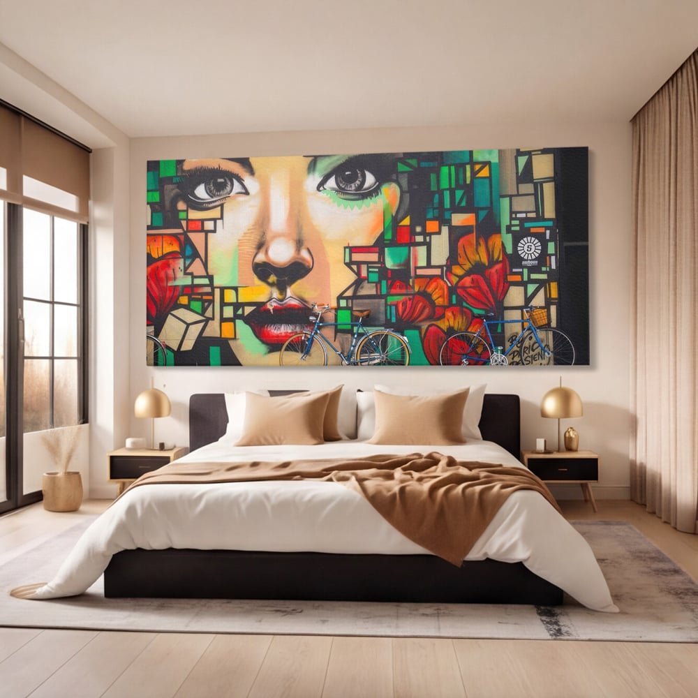 Tablou Canvas Premium LuxCanva® A1332, Graffiti Wall Art , Camera Copil, Biciclete, Arta Stradala, Femeie, Studio, Culori Vibrante