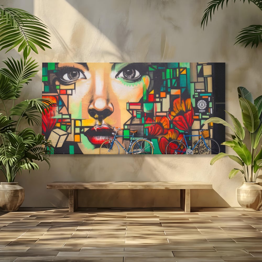 Tablou Canvas Premium LuxCanva® A1332, Graffiti Wall Art , Camera Copil, Biciclete, Arta Stradala, Femeie, Studio, Culori Vibrante