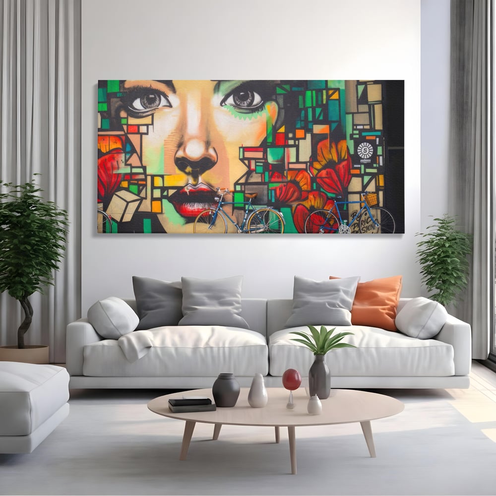 Tablou Canvas Premium LuxCanva® A1332, Graffiti Wall Art , Camera Copil, Biciclete, Arta Stradala, Femeie, Studio, Culori Vibrante