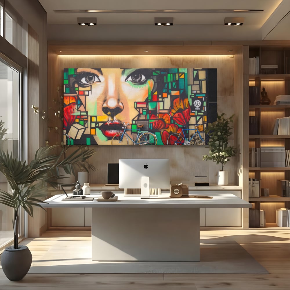 Tablou Canvas Premium LuxCanva® A1332, Graffiti Wall Art , Camera Copil, Biciclete, Arta Stradala, Femeie, Studio, Culori Vibrante