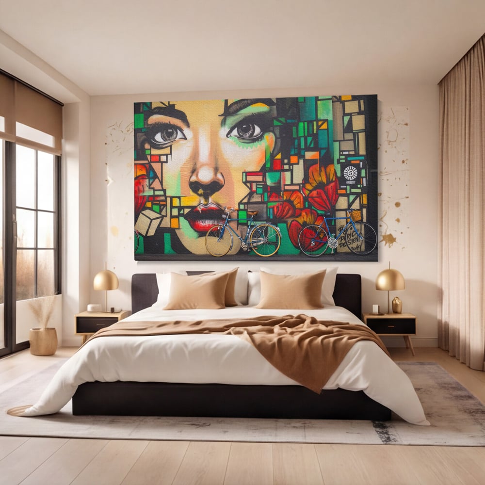 Tablou Canvas Premium LuxCanva® A1332, Graffiti Wall Art , Camera Copil, Biciclete, Arta Stradala, Femeie, Studio, Culori Vibrante