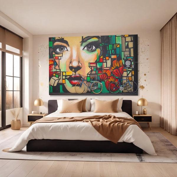 Tablou Canvas Premium LuxCanva® A1332, Graffiti Wall Art , Camera Copil, Biciclete, Arta Stradala, Femeie, Studio, Culori Vibrante