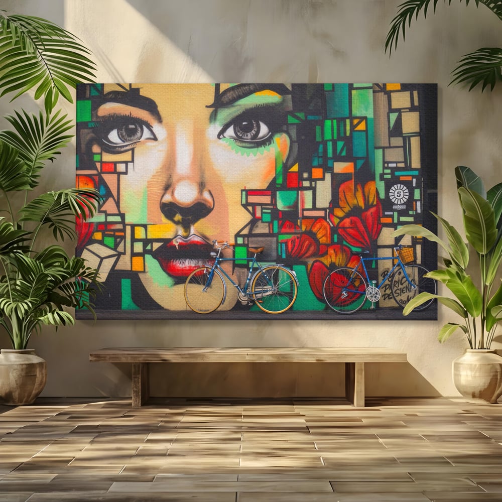 Tablou Canvas Premium LuxCanva® A1332, Graffiti Wall Art , Camera Copil, Biciclete, Arta Stradala, Femeie, Studio, Culori Vibrante