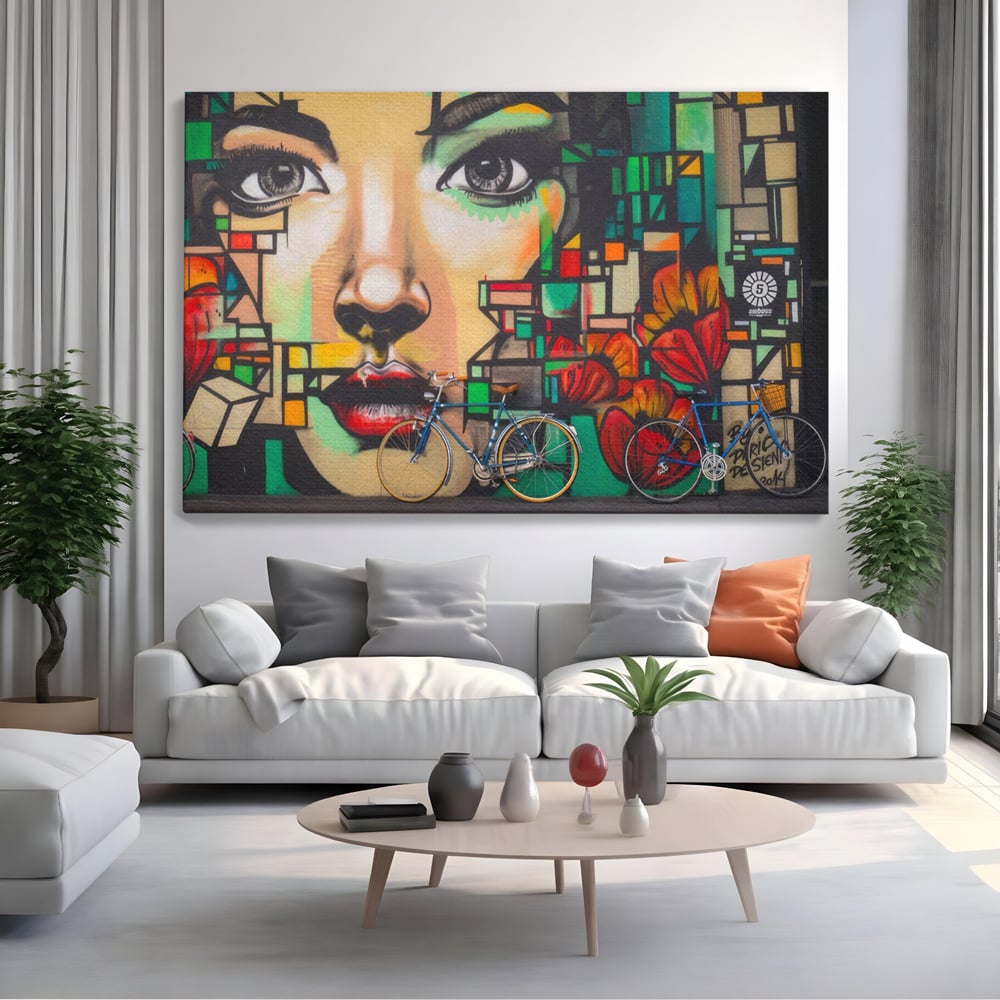 Tablou Canvas Premium LuxCanva® A1332, Graffiti Wall Art , Camera Copil, Biciclete, Arta Stradala, Femeie, Studio, Culori Vibrante