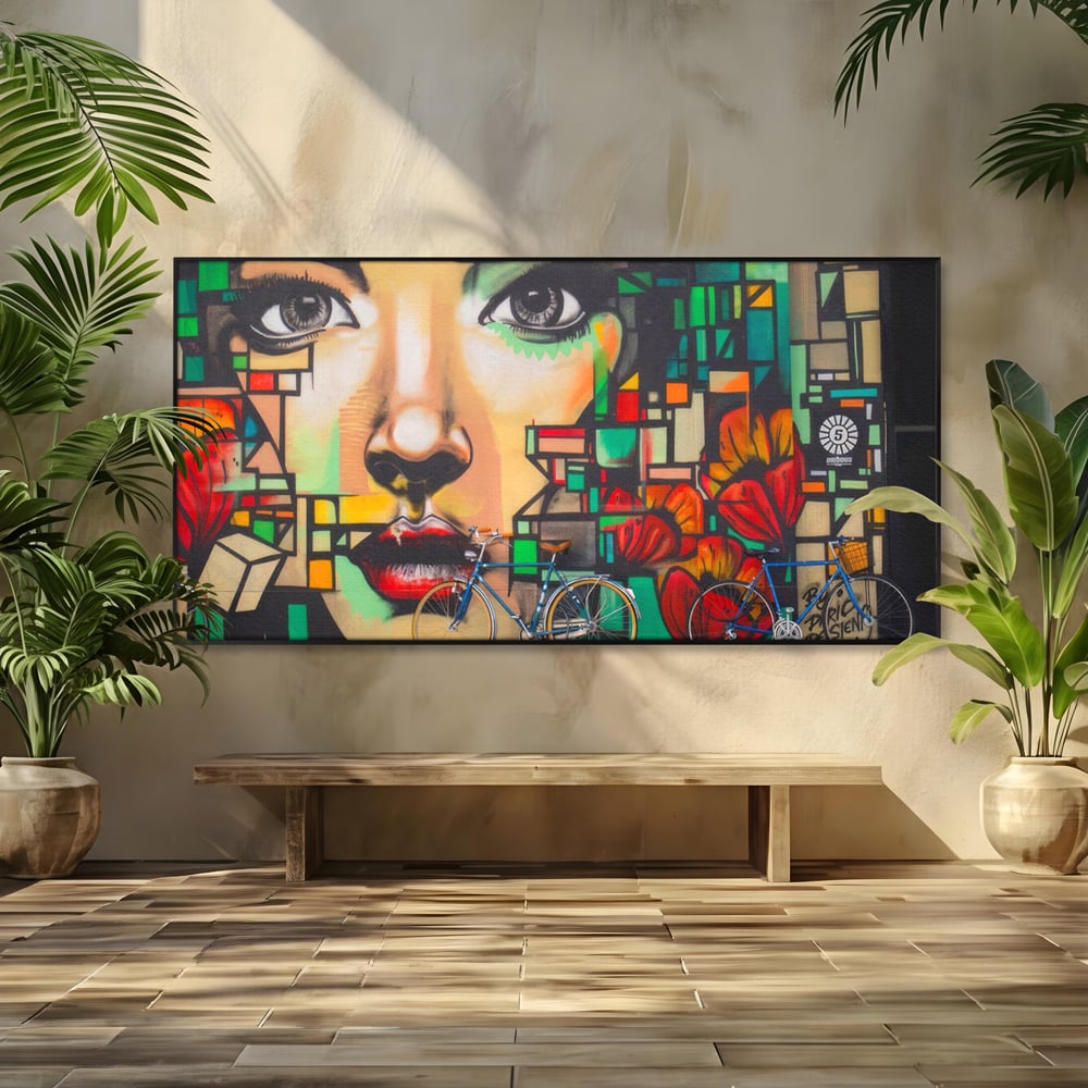 Tablou Canvas Premium LuxCanva® A1332, Graffiti Wall Art , Camera Copil, Biciclete, Arta Stradala, Femeie, Studio, Culori Vibrante