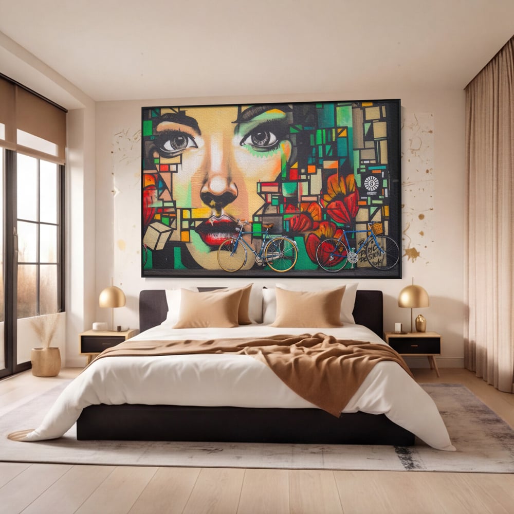 Tablou Canvas Premium LuxCanva® A1332, Graffiti Wall Art , Camera Copil, Biciclete, Arta Stradala, Femeie, Studio, Culori Vibrante