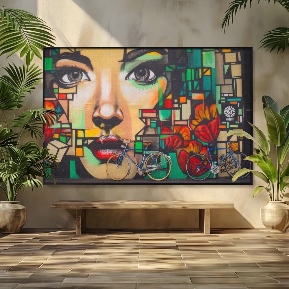 Tablou Canvas Premium LuxCanva® A1332, Graffiti Wall Art , Camera Copil, Biciclete, Arta Stradala, Femeie, Studio, Culori Vibrante