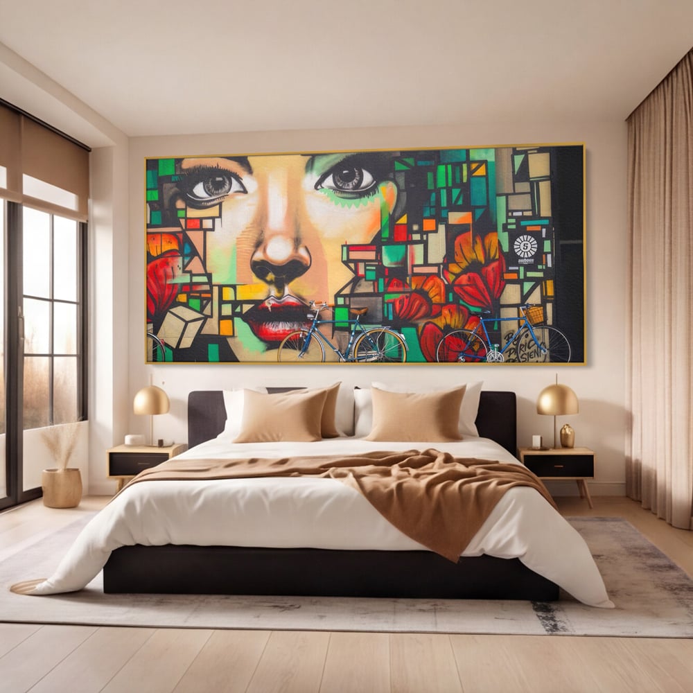 Tablou Canvas Premium LuxCanva® A1332, Graffiti Wall Art , Camera Copil, Biciclete, Arta Stradala, Femeie, Studio, Culori Vibrante