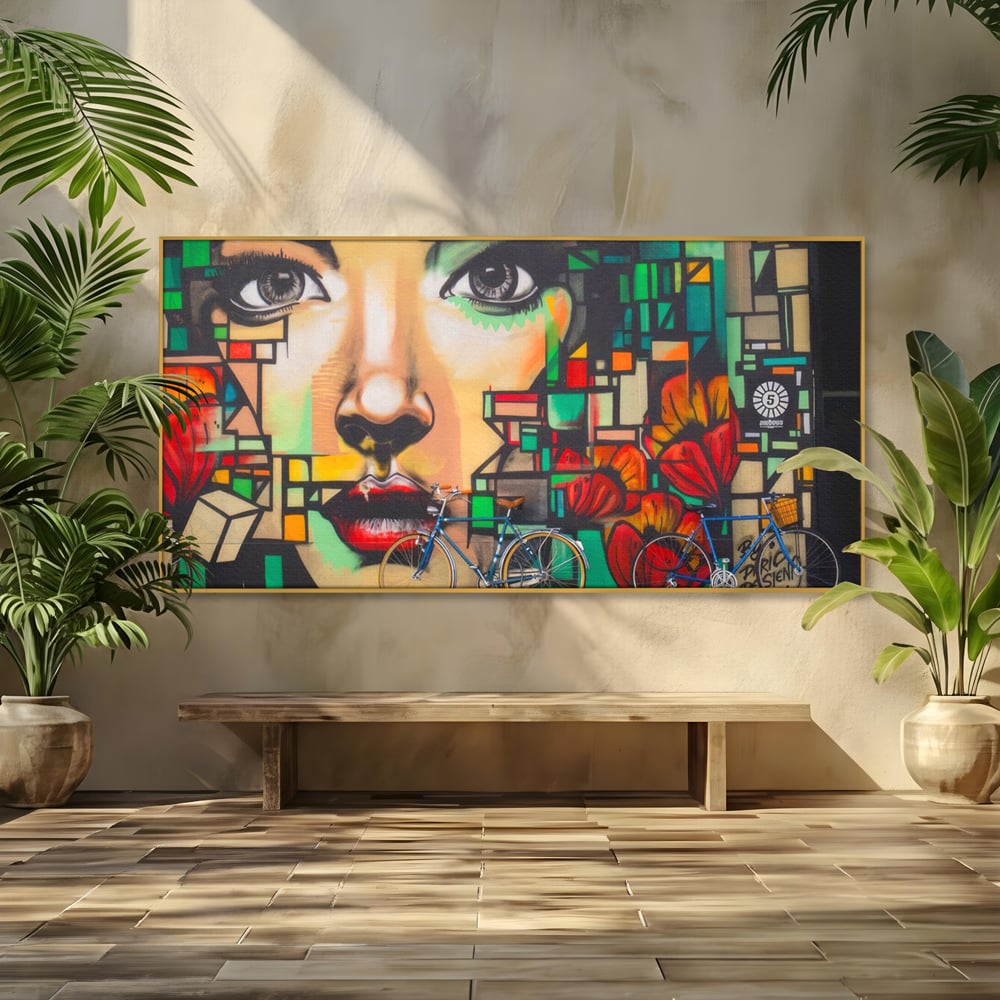 Tablou Canvas Premium LuxCanva® A1332, Graffiti Wall Art , Camera Copil, Biciclete, Arta Stradala, Femeie, Studio, Culori Vibrante