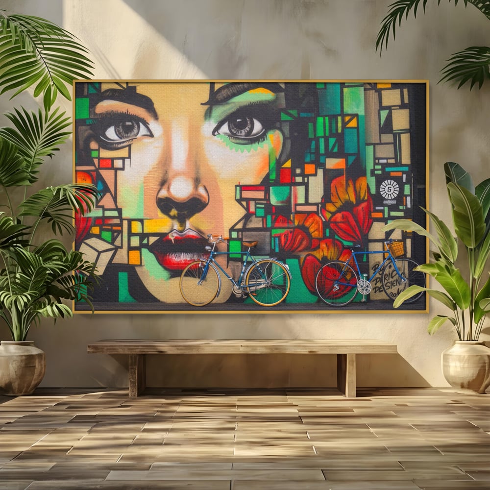 Tablou Canvas Premium LuxCanva® A1332, Graffiti Wall Art , Camera Copil, Biciclete, Arta Stradala, Femeie, Studio, Culori Vibrante
