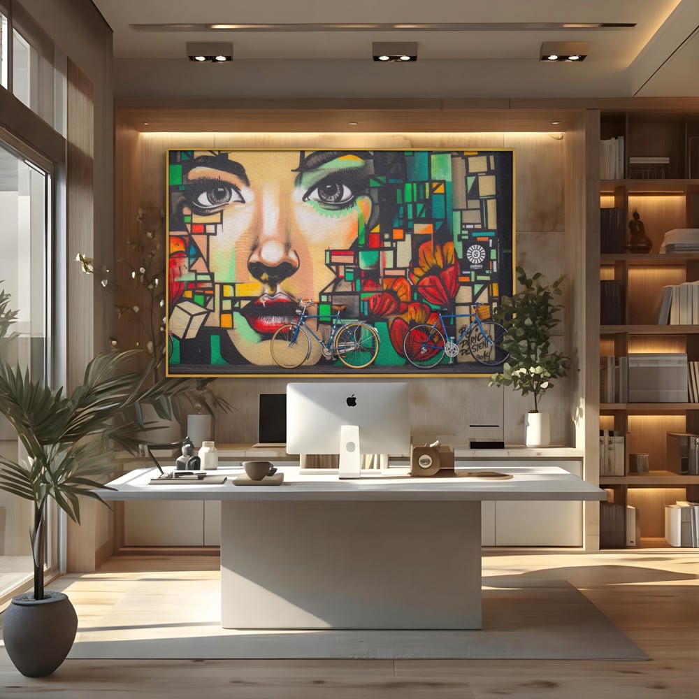 Tablou Canvas Premium LuxCanva® A1332, Graffiti Wall Art , Camera Copil, Biciclete, Arta Stradala, Femeie, Studio, Culori Vibrante