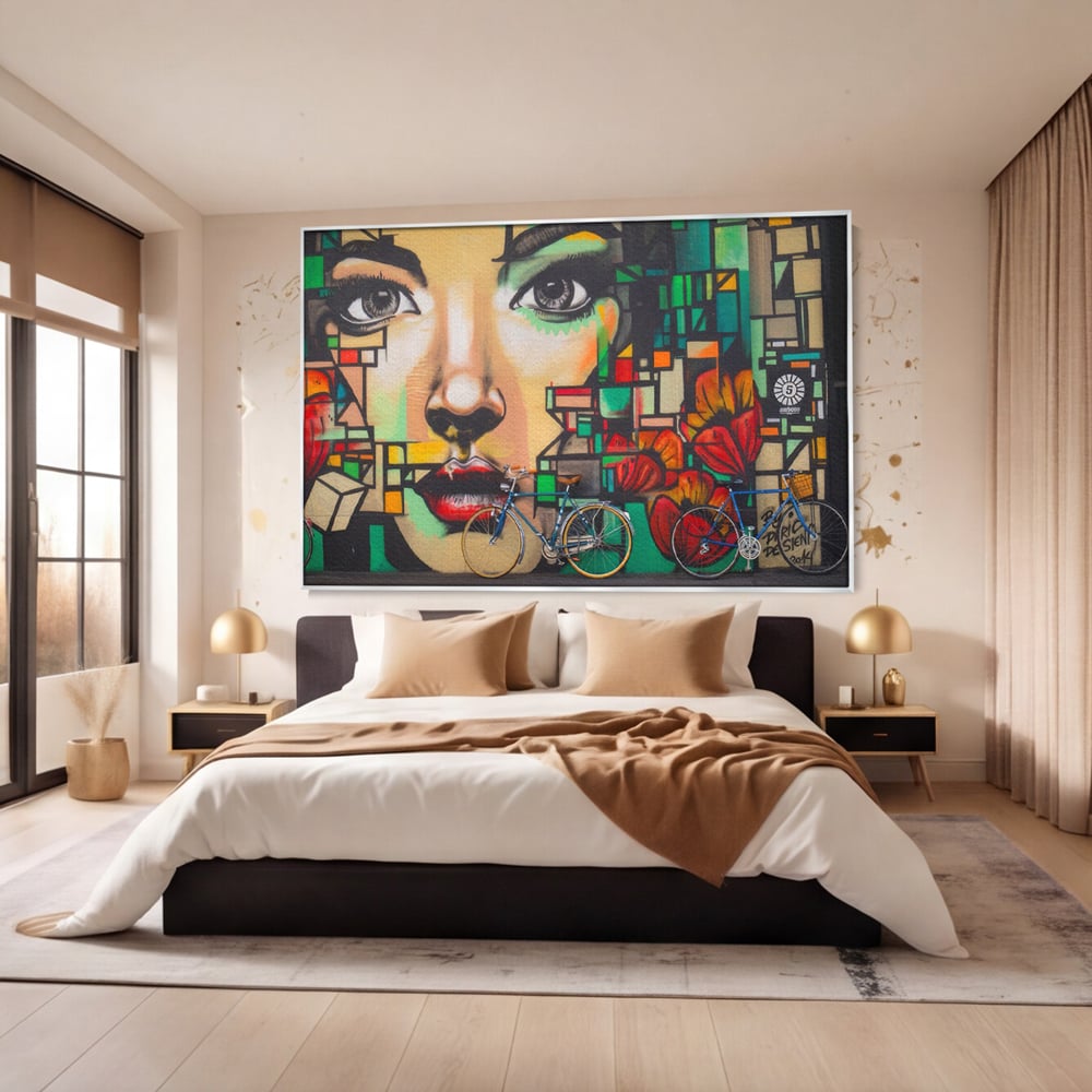 Tablou Canvas Premium LuxCanva® A1332, Graffiti Wall Art , Camera Copil, Biciclete, Arta Stradala, Femeie, Studio, Culori Vibrante