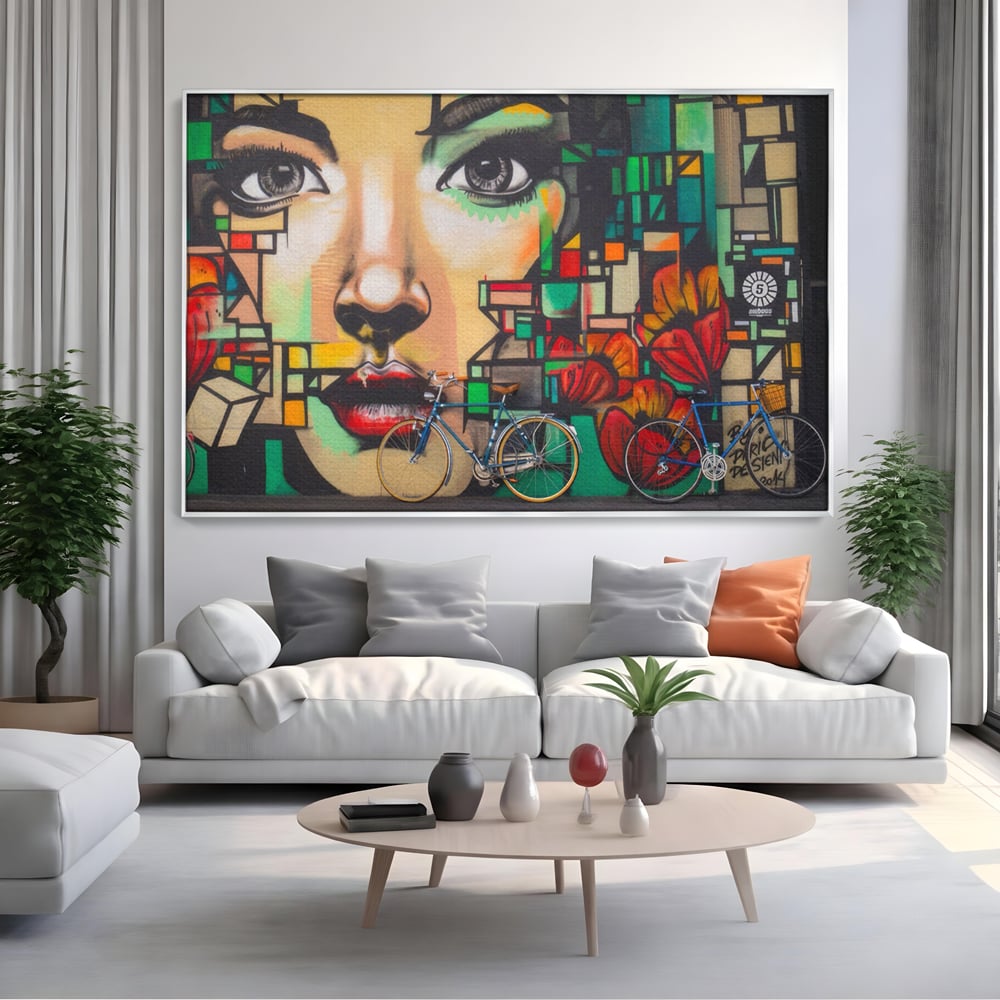 Tablou Canvas Premium LuxCanva® A1332, Graffiti Wall Art , Camera Copil, Biciclete, Arta Stradala, Femeie, Studio, Culori Vibrante