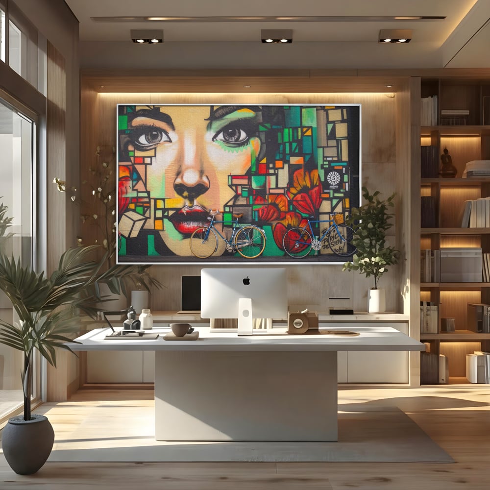 Tablou Canvas Premium LuxCanva® A1332, Graffiti Wall Art , Camera Copil, Biciclete, Arta Stradala, Femeie, Studio, Culori Vibrante