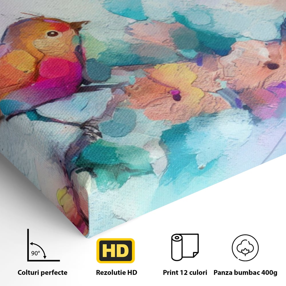 Tablou Canvas Premium LuxCanva® A1335, Two Birds ,  Living, Pasari, Flori, Multicolor, Dormitor, Culori Vibrante