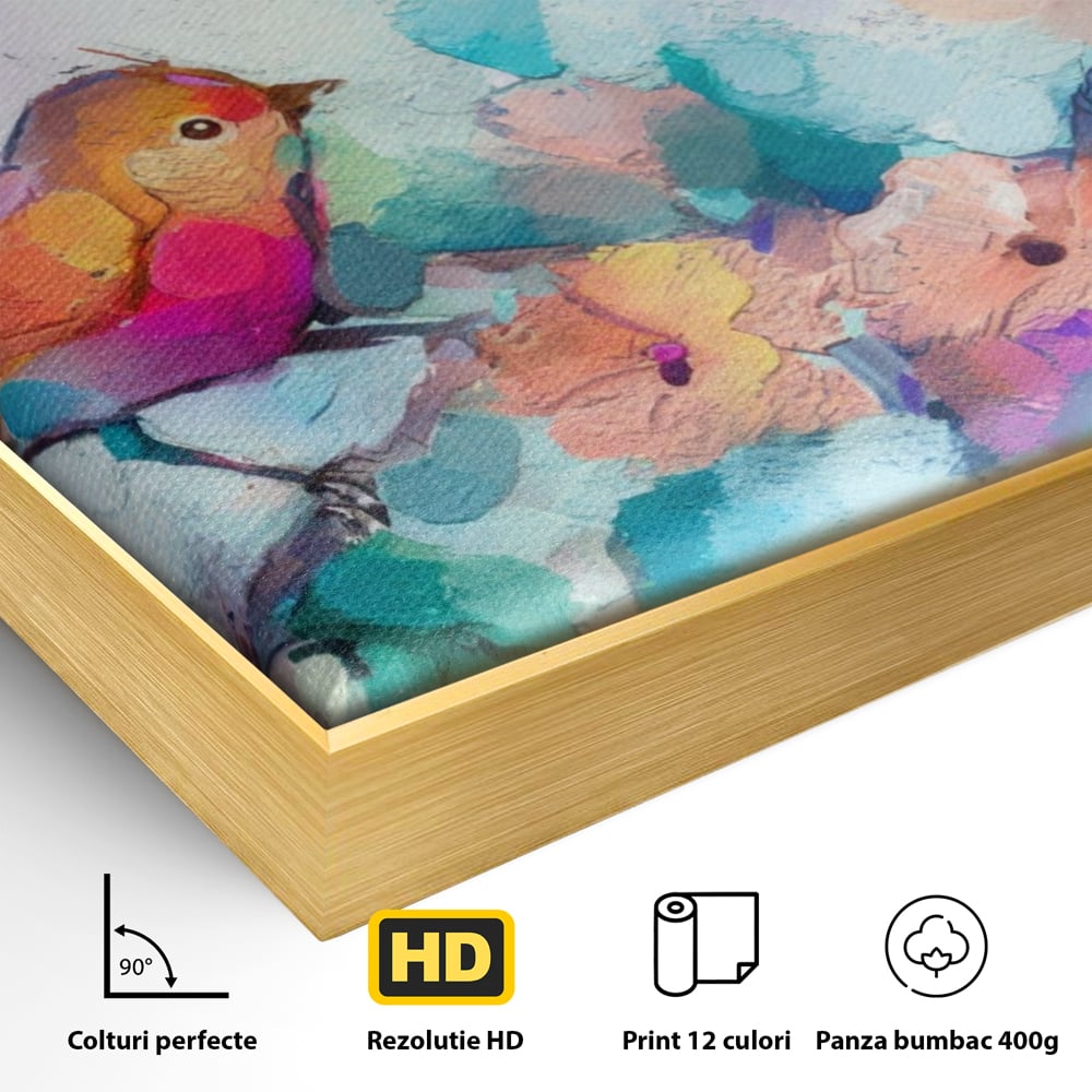 Tablou Canvas Premium LuxCanva® A1335, Two Birds ,  Living, Pasari, Flori, Multicolor, Dormitor, Culori Vibrante