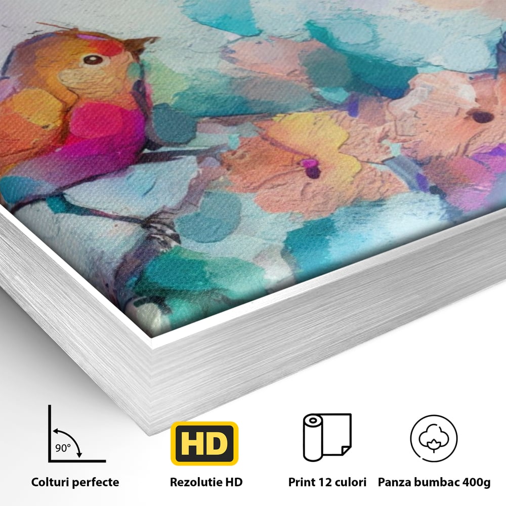 Tablou Canvas Premium LuxCanva® A1335, Two Birds ,  Living, Pasari, Flori, Multicolor, Dormitor, Culori Vibrante