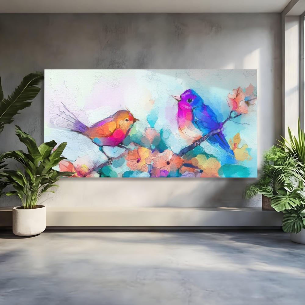 Tablou Canvas Premium LuxCanva® A1335, Two Birds ,  Living, Pasari, Flori, Multicolor, Dormitor, Culori Vibrante