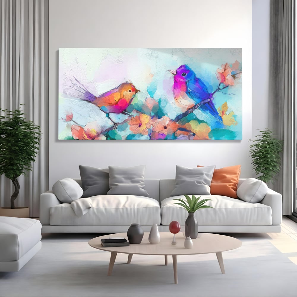 Tablou Canvas Premium LuxCanva® A1335, Two Birds ,  Living, Pasari, Flori, Multicolor, Dormitor, Culori Vibrante