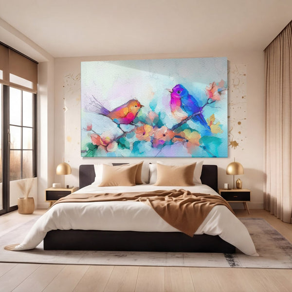 Tablou Canvas Premium LuxCanva® A1335, Two Birds ,  Living, Pasari, Flori, Multicolor, Dormitor, Culori Vibrante