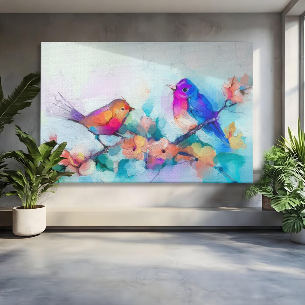 Tablou Canvas Premium LuxCanva® A1335, Two Birds ,  Living, Pasari, Flori, Multicolor, Dormitor, Culori Vibrante
