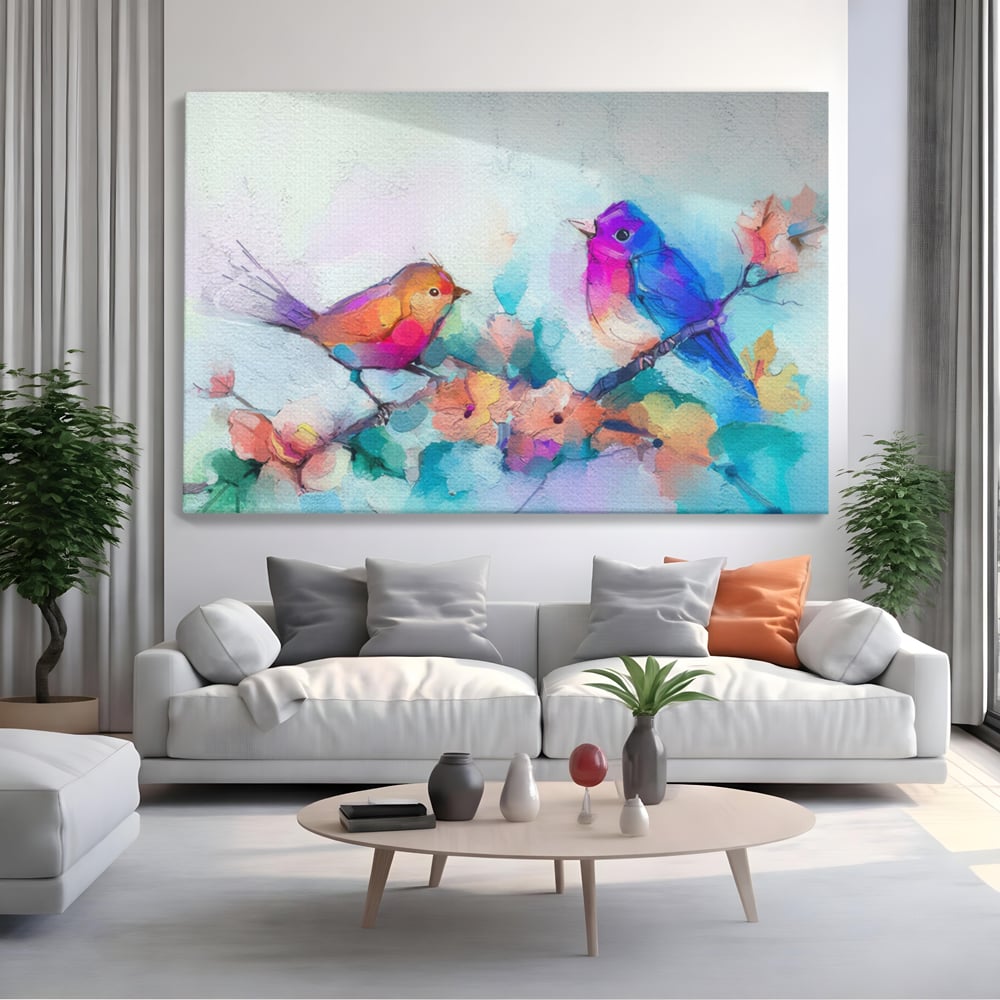 Tablou Canvas Premium LuxCanva® A1335, Two Birds ,  Living, Pasari, Flori, Multicolor, Dormitor, Culori Vibrante
