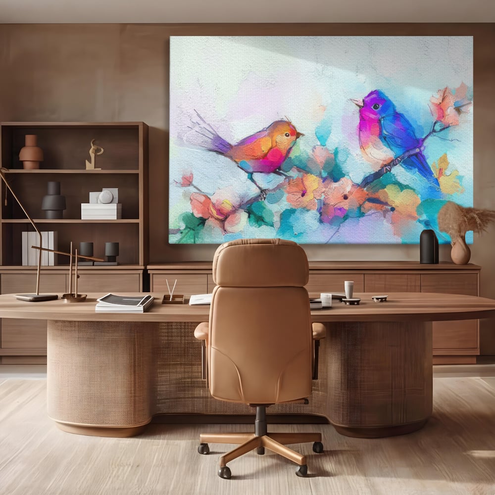 Tablou Canvas Premium LuxCanva® A1335, Two Birds ,  Living, Pasari, Flori, Multicolor, Dormitor, Culori Vibrante