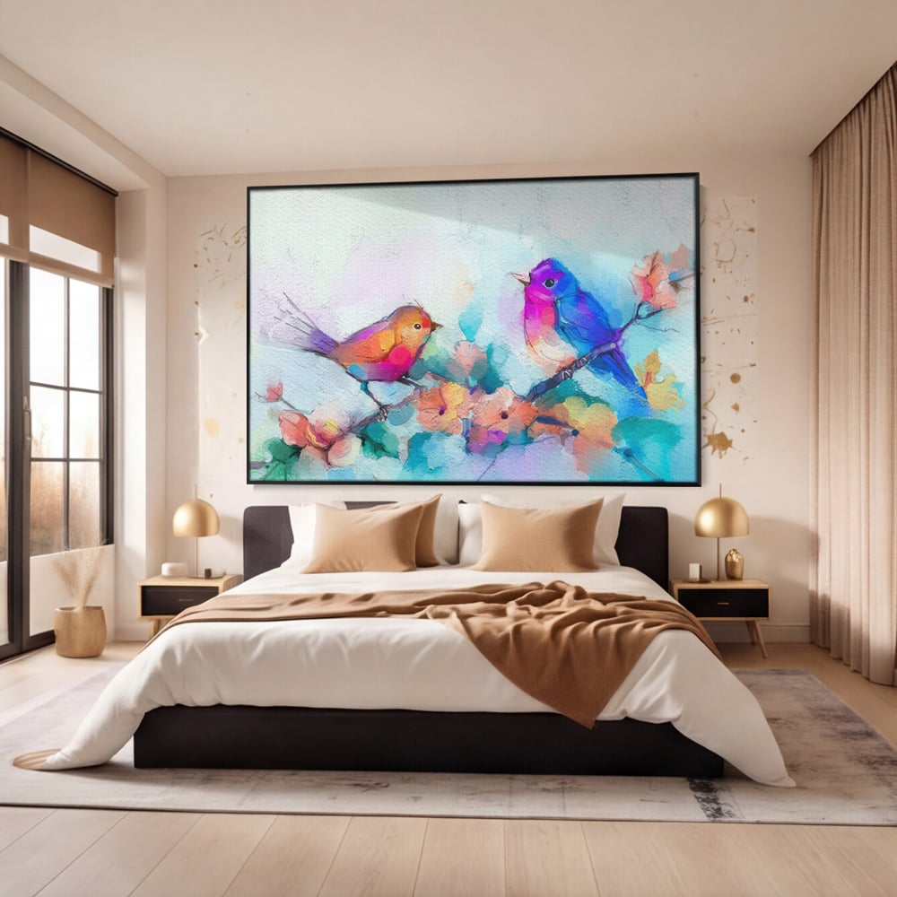 Tablou Canvas Premium LuxCanva® A1335, Two Birds ,  Living, Pasari, Flori, Multicolor, Dormitor, Culori Vibrante