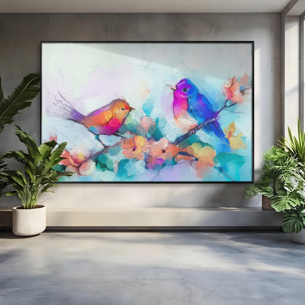 Tablou Canvas Premium LuxCanva® A1335, Two Birds ,  Living, Pasari, Flori, Multicolor, Dormitor, Culori Vibrante