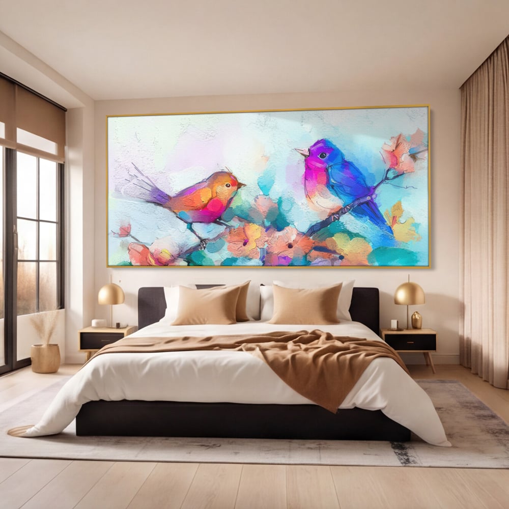 Tablou Canvas Premium LuxCanva® A1335, Two Birds ,  Living, Pasari, Flori, Multicolor, Dormitor, Culori Vibrante