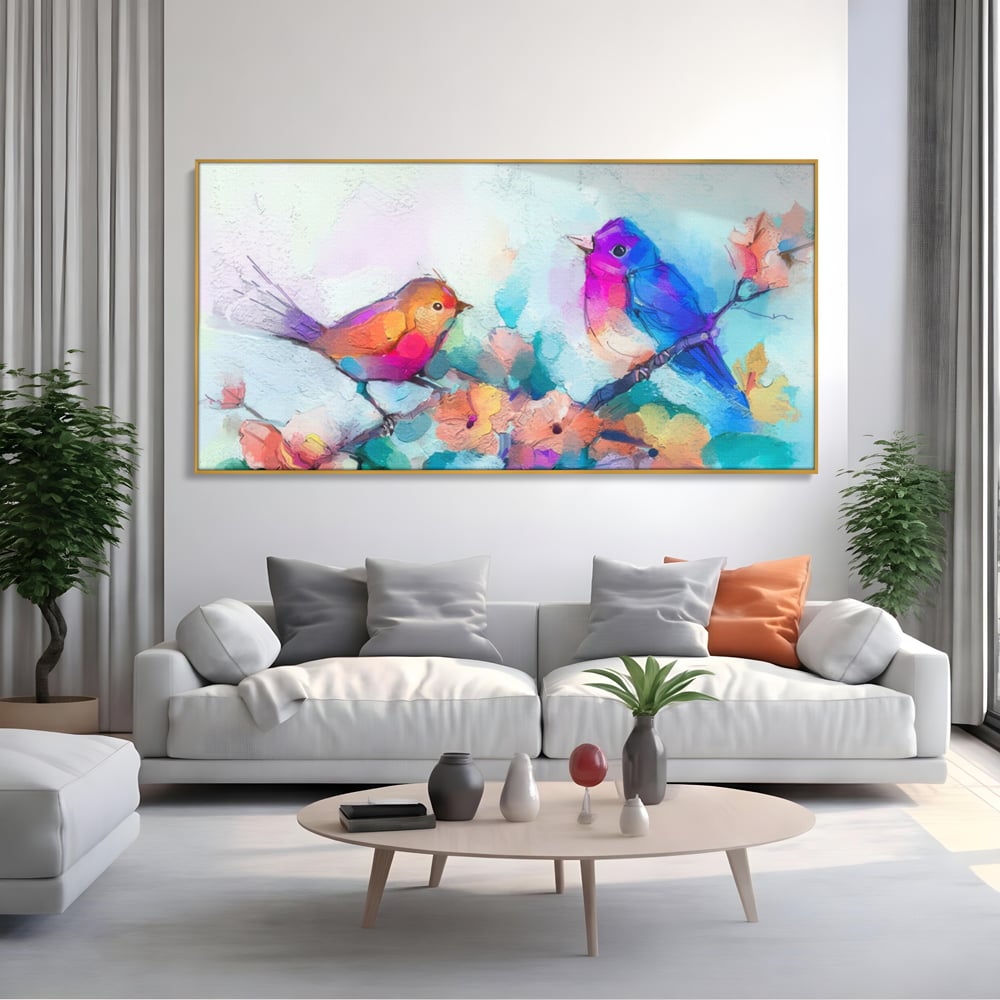 Tablou Canvas Premium LuxCanva® A1335, Two Birds ,  Living, Pasari, Flori, Multicolor, Dormitor, Culori Vibrante