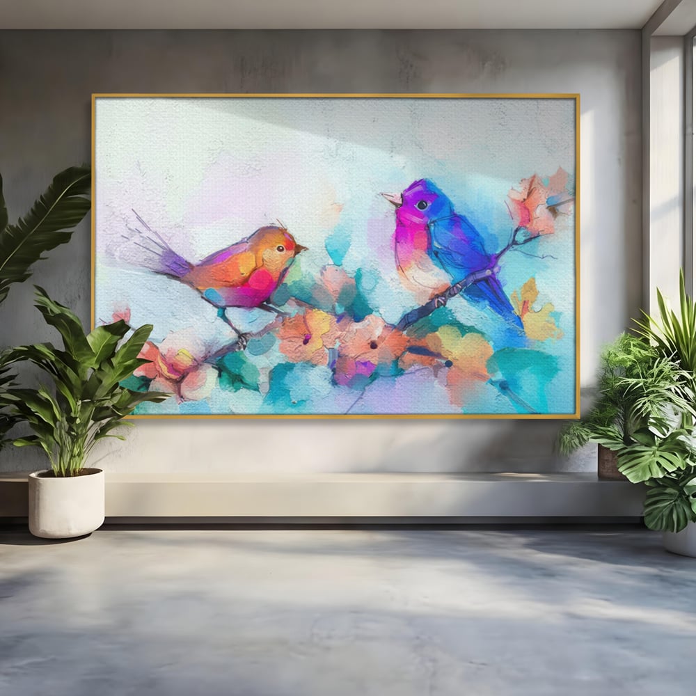 Tablou Canvas Premium LuxCanva® A1335, Two Birds ,  Living, Pasari, Flori, Multicolor, Dormitor, Culori Vibrante