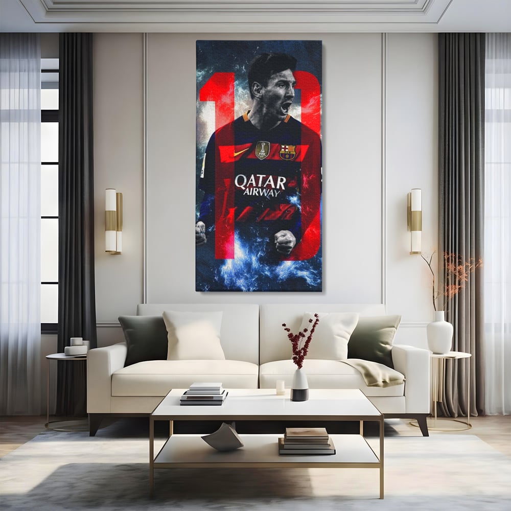 Leinwand Wandkunst Leinwand Wandkunst Premium LuxCanva® A1343, Messi Nr.10 , Wohnen, Fußballer, Ballon d'Or, Sportler, Spielzimmer, Lebendige Farben