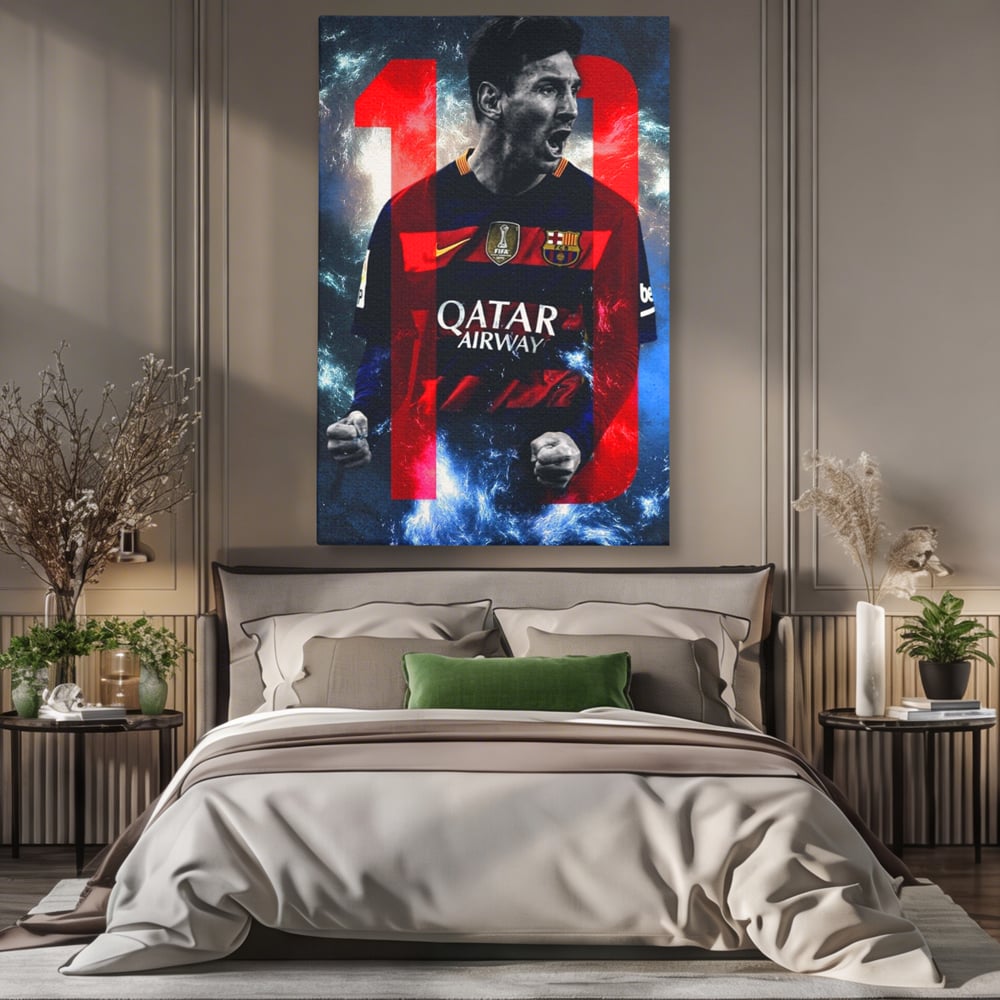 Leinwand Wandkunst Leinwand Wandkunst Premium LuxCanva® A1343, Messi Nr.10 , Wohnen, Fußballer, Ballon d'Or, Sportler, Spielzimmer, Lebendige Farben